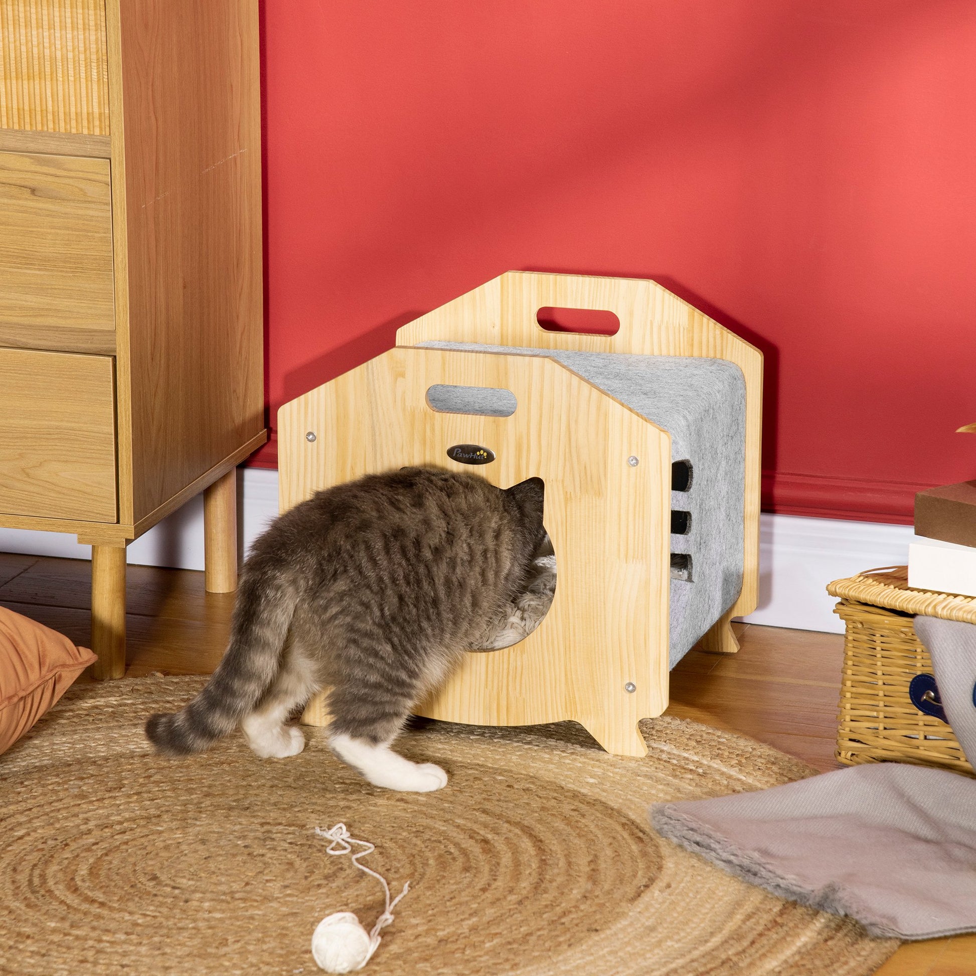 Pawhut Caseta De Gatos Madera Con Cojín Lavable Orificio Entrada 40x39x40cm_3