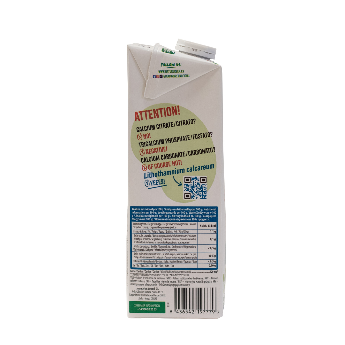 Pack 6 uds Bebida Almendra sin azúcar con Calcio NaturGreen 1 litro