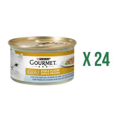 Pack 24 x GOURMET GOLD Doble Placer Pescado del Oceano & Espinacas Comida húmeda 85 g