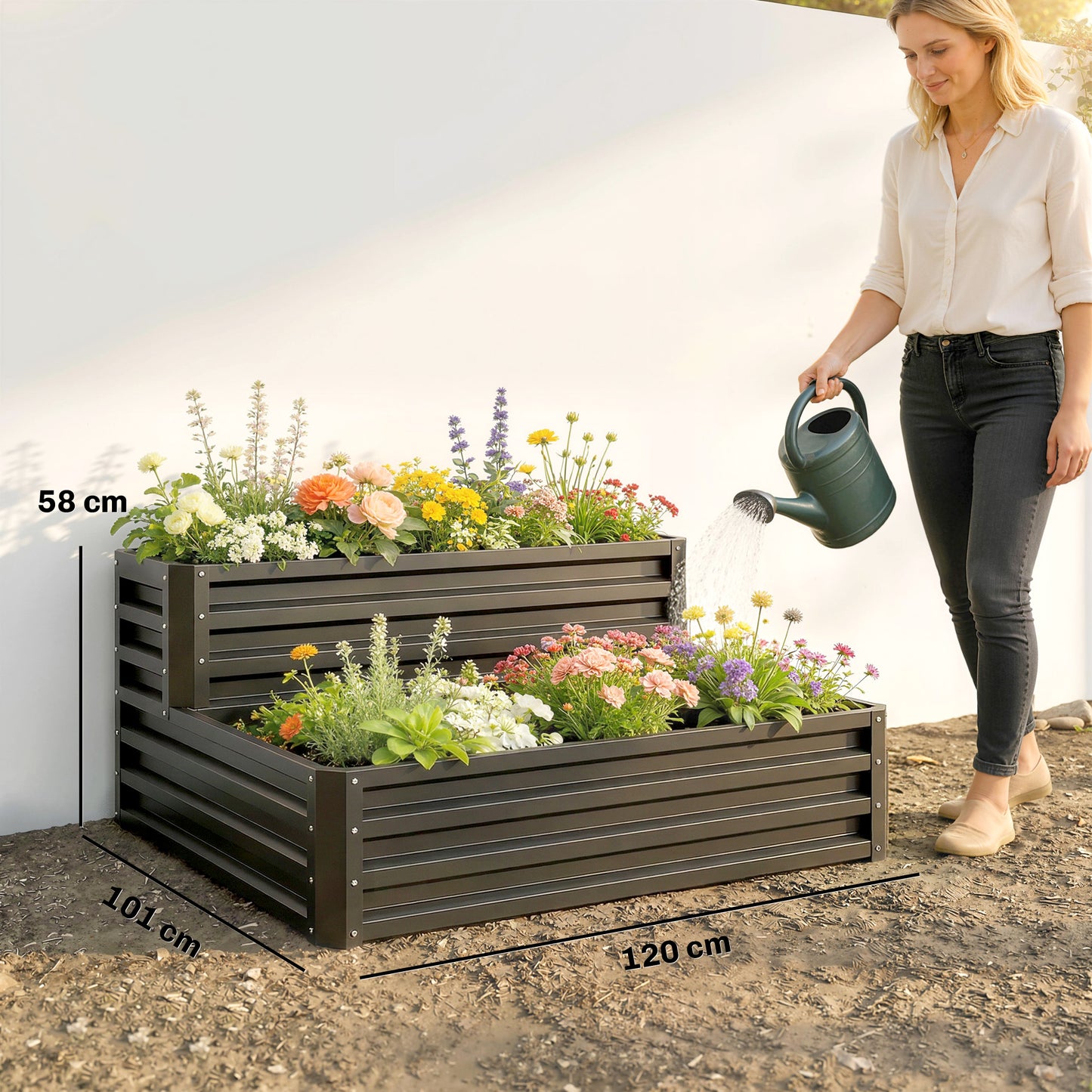 Outsunny Huerto Urbano De 2 Niveles Diseño De Escalera 120x101x58 Cm Gris Oscuro_2