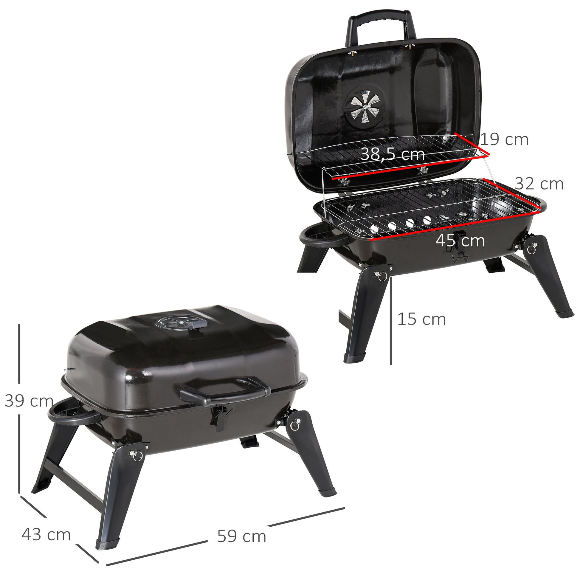Outsunny Barbacoa De Carbón Portátil Plegable Al Aire Libre Acampada 59x43x39cm_2