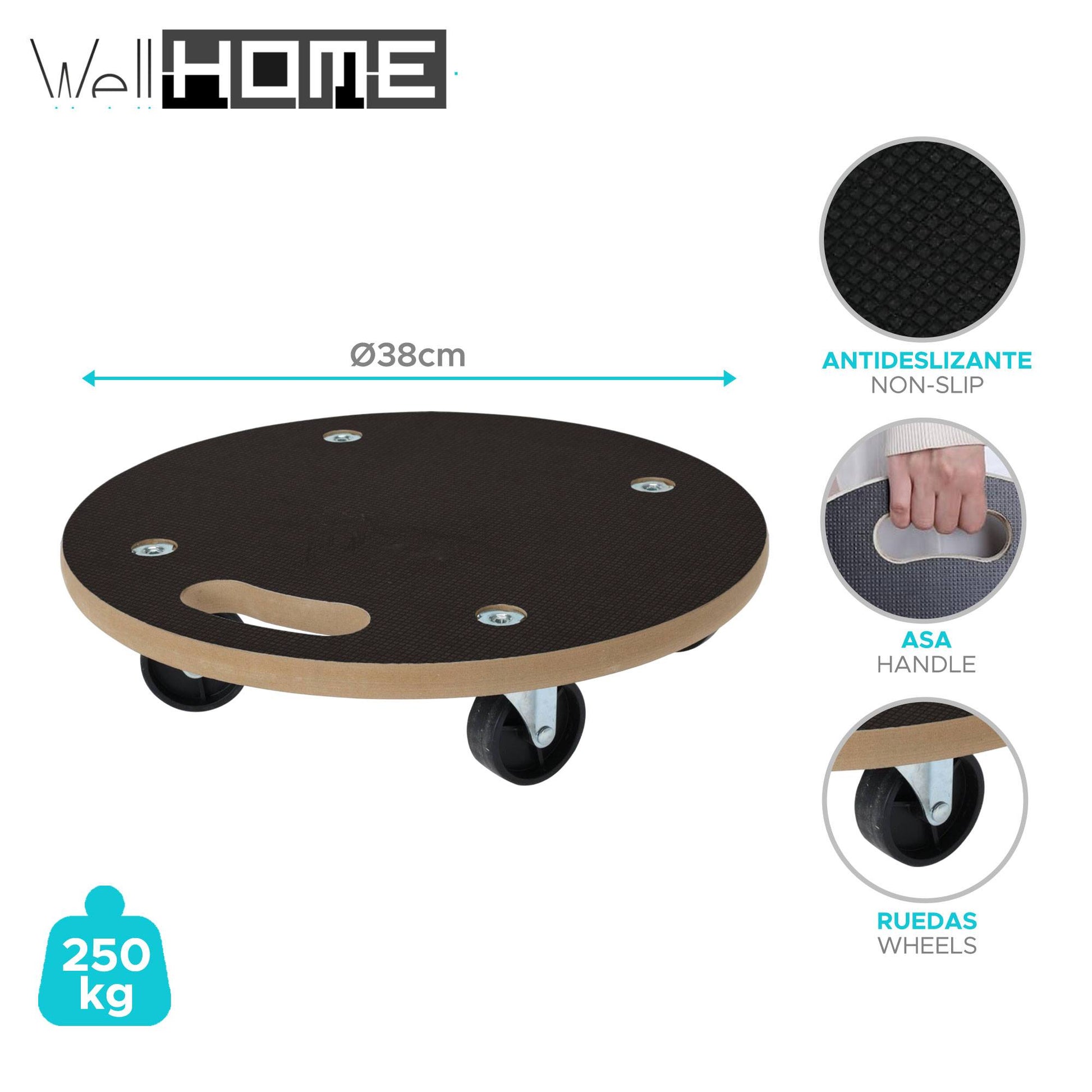 Well Home Carro De Transporte Redondo Ø38cm Con Base Antideslizante Negro