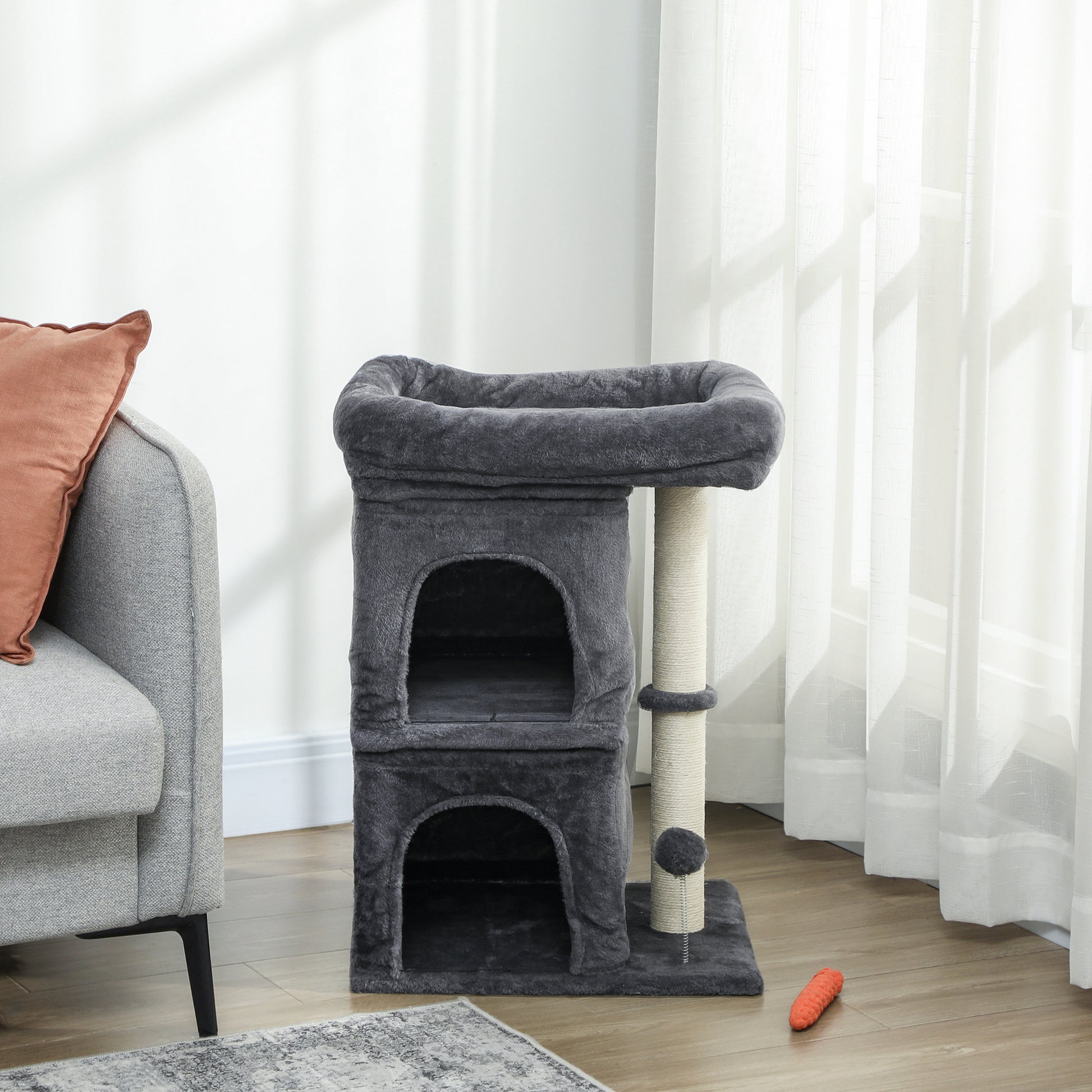 Pawhut Árbol Rascador Para Gatos 66 Cm Con Cama 2 Cuevas Poste Bola Gris Oscuro_1