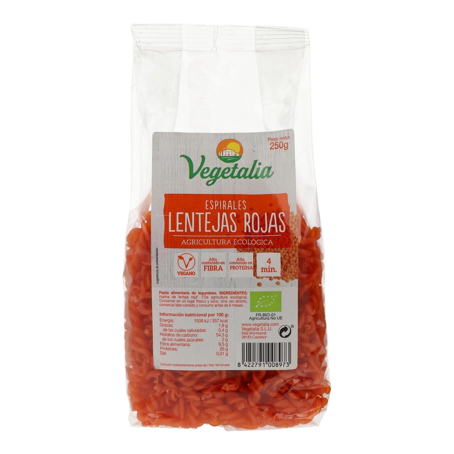 Espirales de Lentejas Rojas Sin Gluten Bio 250 g