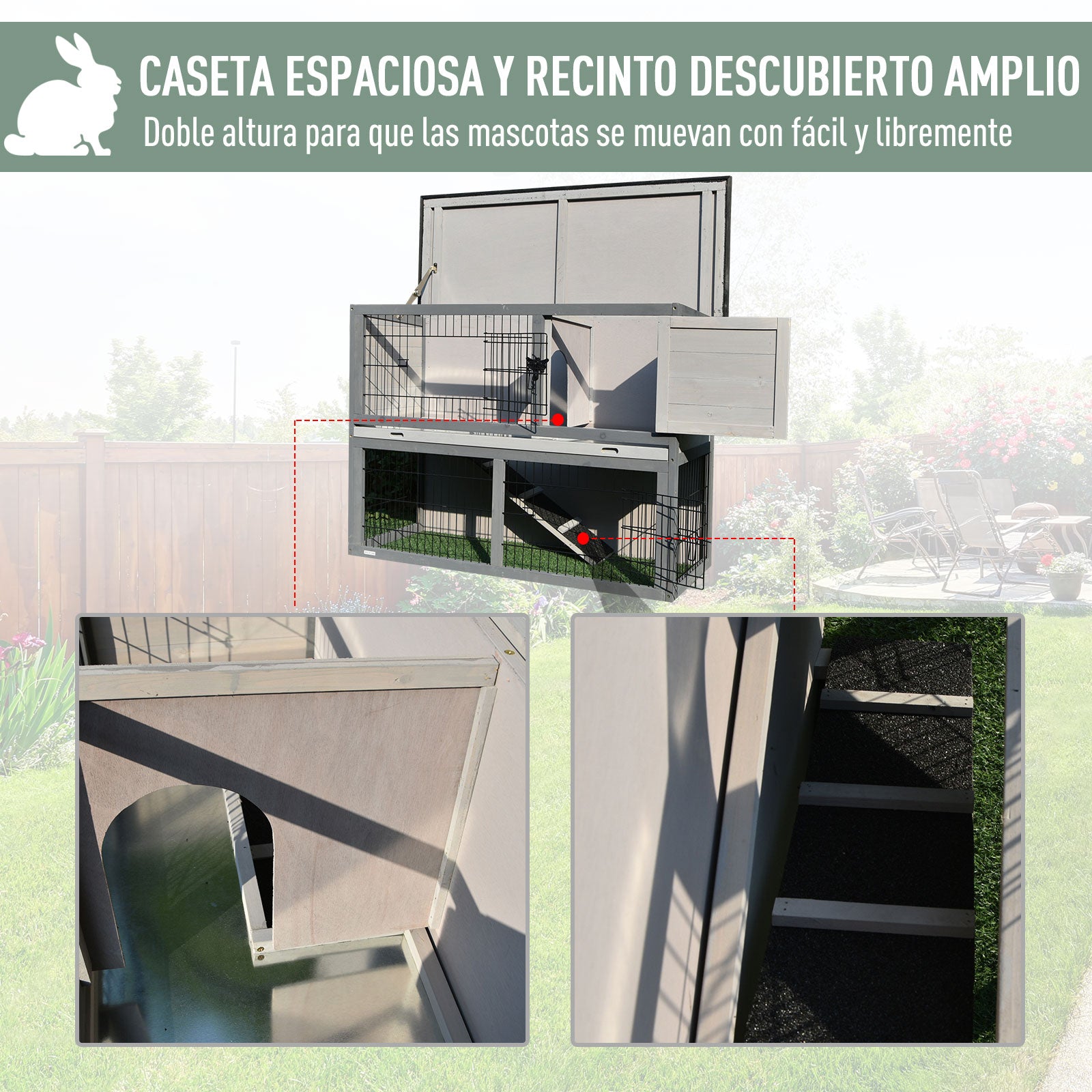 Pawhut Conejera De Madera Exterior Para Conejos Con Rampa 2 Puertas Y Bandeja_5