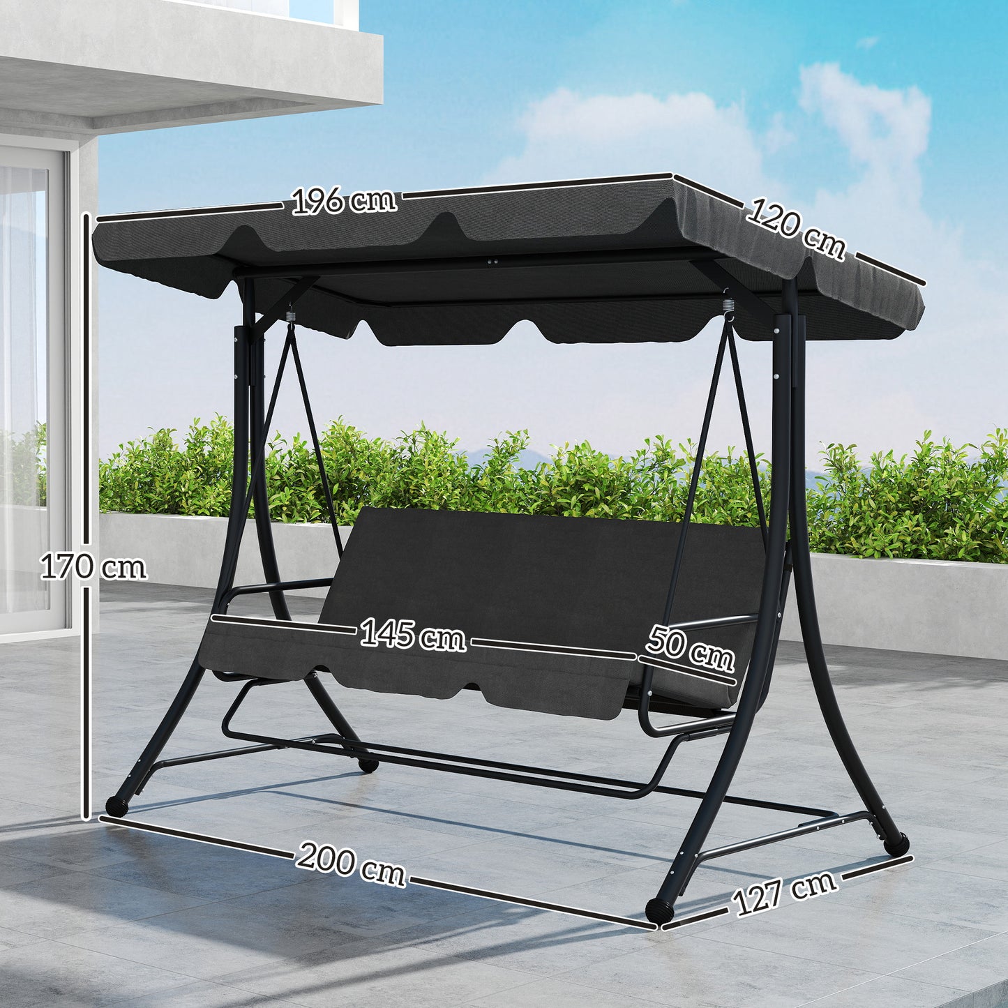 Outsunny Columpio De Jardín Exterior De 3 Plazas Con Toldo Ajustable Gris_2
