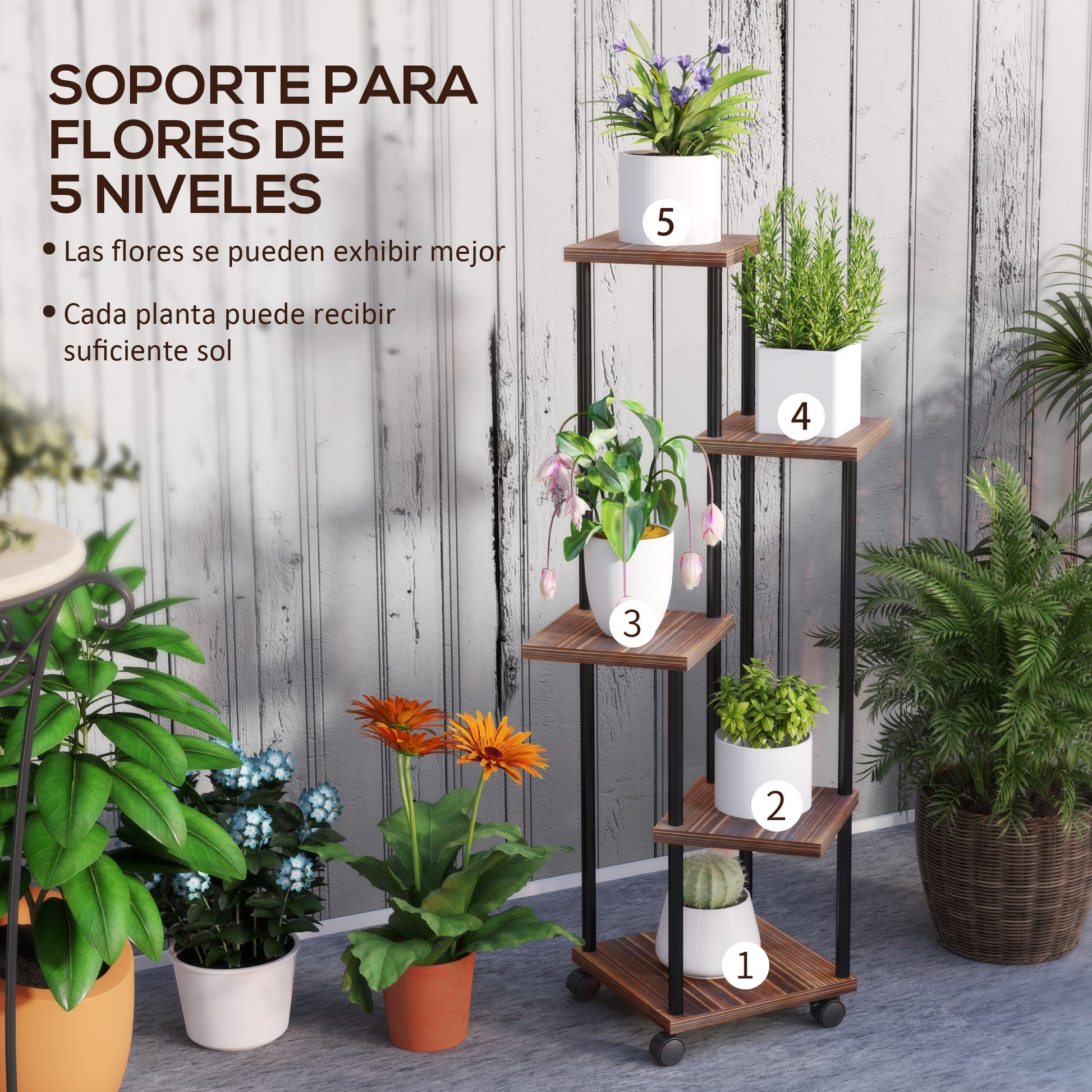 Outsunny Estantería Para Plantas De 5 Niveles De Madera 59x59x110 Cm Carbonizado_3
