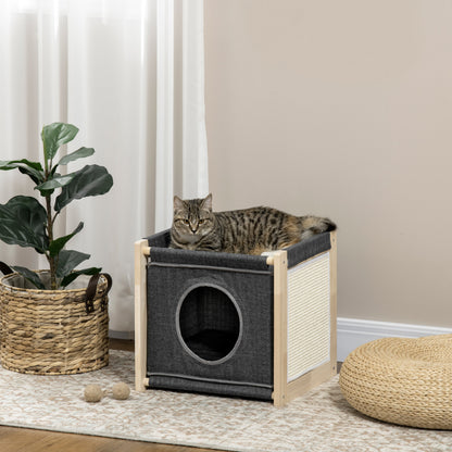 Pawhut Cama Cueva Para Gatos De Madera Con Cojín Extraíble 40x40x40,5 Cm Gris_1