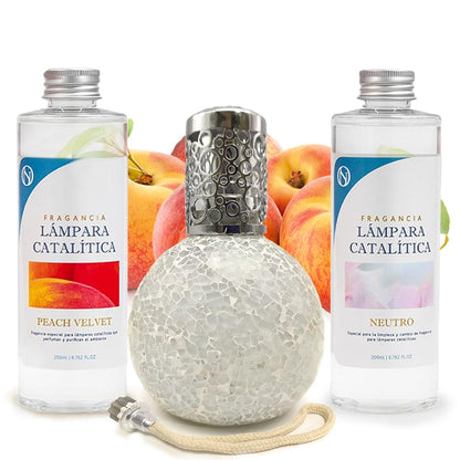 Pack Ahorro Lámpara Catalítica Mosaico Blanco + Fragancia Peach Velvet 200ml + Limpiador Neutro 200ml + Mecha Repuesto_0