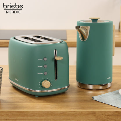Briebe Nordic Set Tostadora Pan Ranura Ancha 2 Rebanadas + Hervidor Agua Eléctrico 1,7l Inalámbrico, Skt1167gre, Verde_1