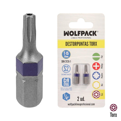 Puntas Destornillador Torx 15 Inviolable (2 Piezas). Acero S2 Al Cromo Vanadio. Puntas Hexagonales, Destorpuntas,_0