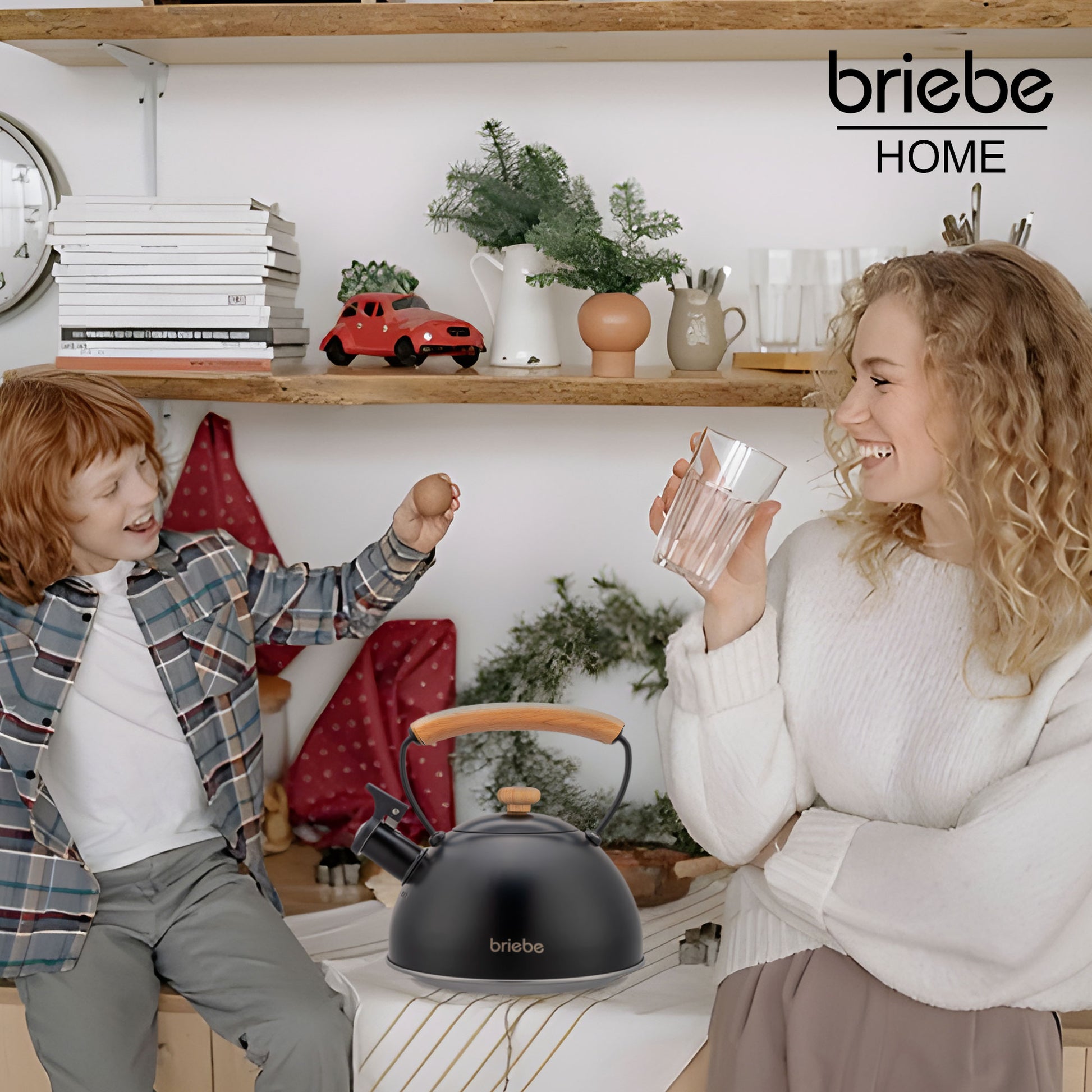 Tetera Con Silbato, Hervidor De Agua 2,5l, Inducción, Acero Inox, Vintage, Mango Madera, Briebe, Wooden, Negro