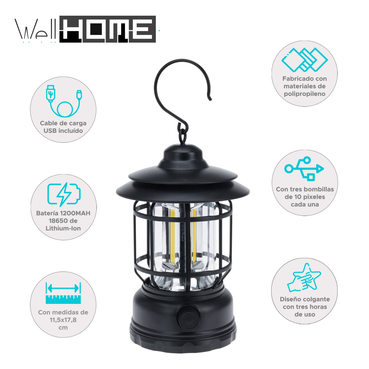 Well Home Luz De Camping Ø11,5x17,8cm Con 3 Bombillas Y Recargable Por Usb Color Negro_1