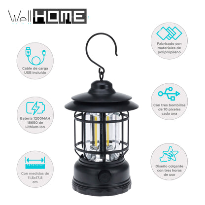 Well Home Luz De Camping Ø11,5x17,8cm Con 3 Bombillas Y Recargable Por Usb Color Negro_1