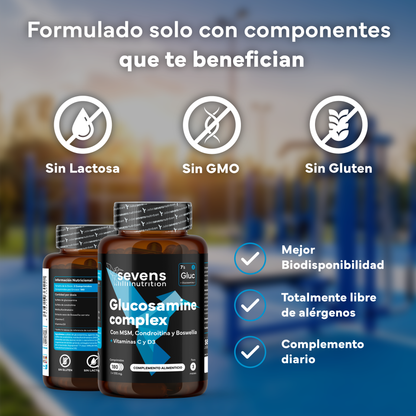 Glucosamina Con Condroitina, Msm Y Boswellia + Vitaminas C Y D3 De Sevens Nutrition. Cuidado De La Salud Articular.