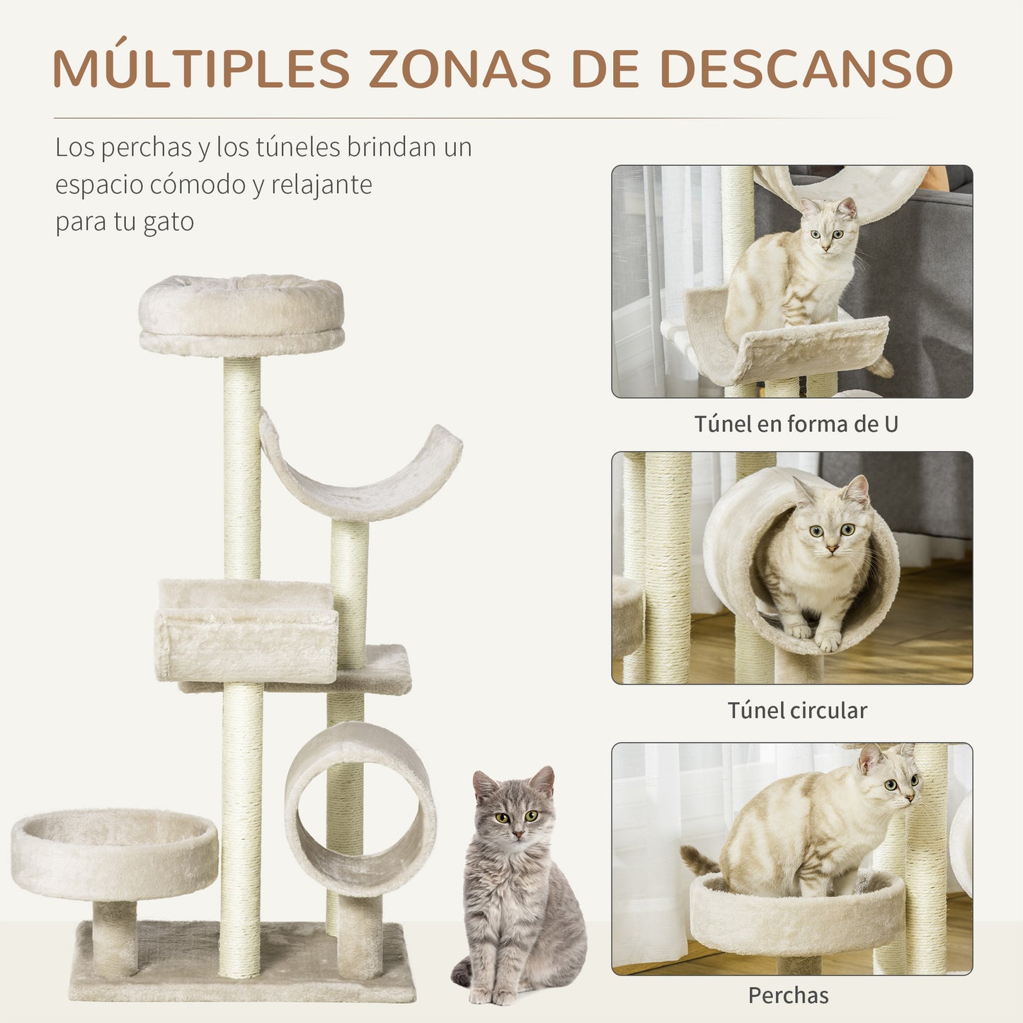 Pawhut Árbol Para Gatos 50x40x105 Cm Árbol Rascador Grande Centro De Actividad Plataformas Tubo De Juego Sisal Natural_4