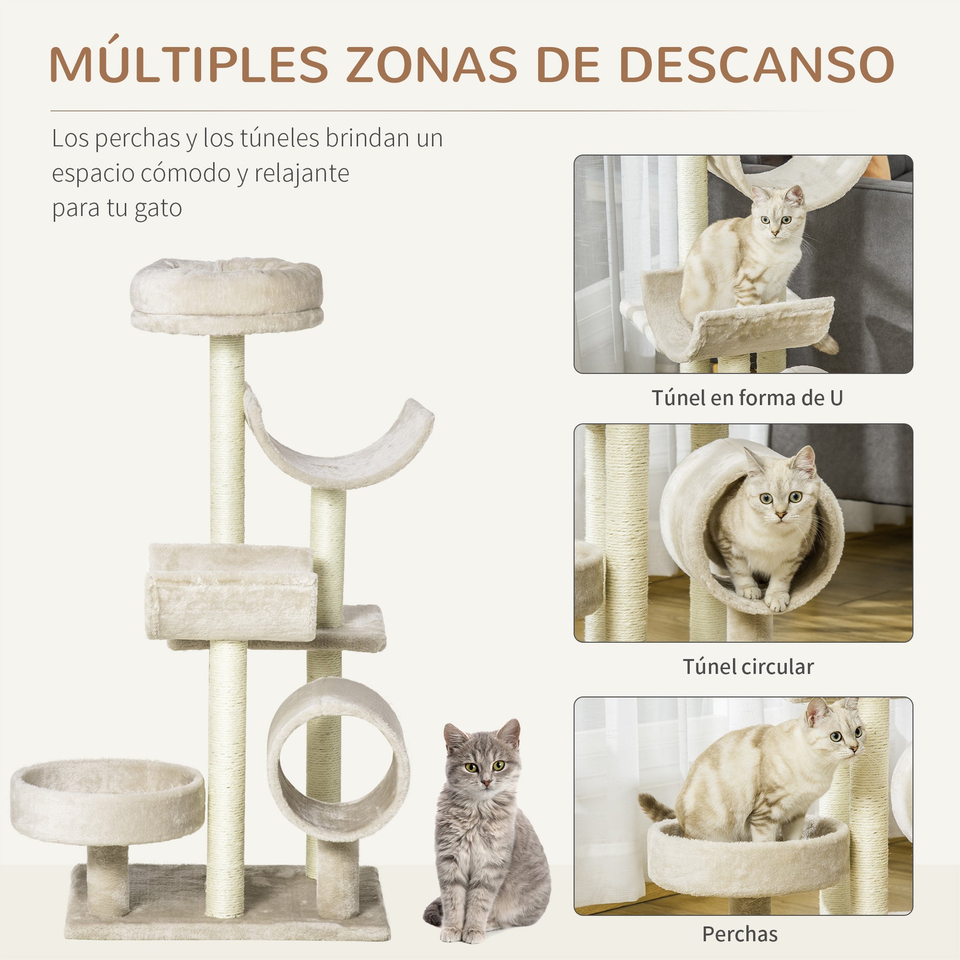 Pawhut Árbol Para Gatos 50x40x105 Cm Árbol Rascador Grande Centro De Actividad Plataformas Tubo De Juego Sisal Natural_4