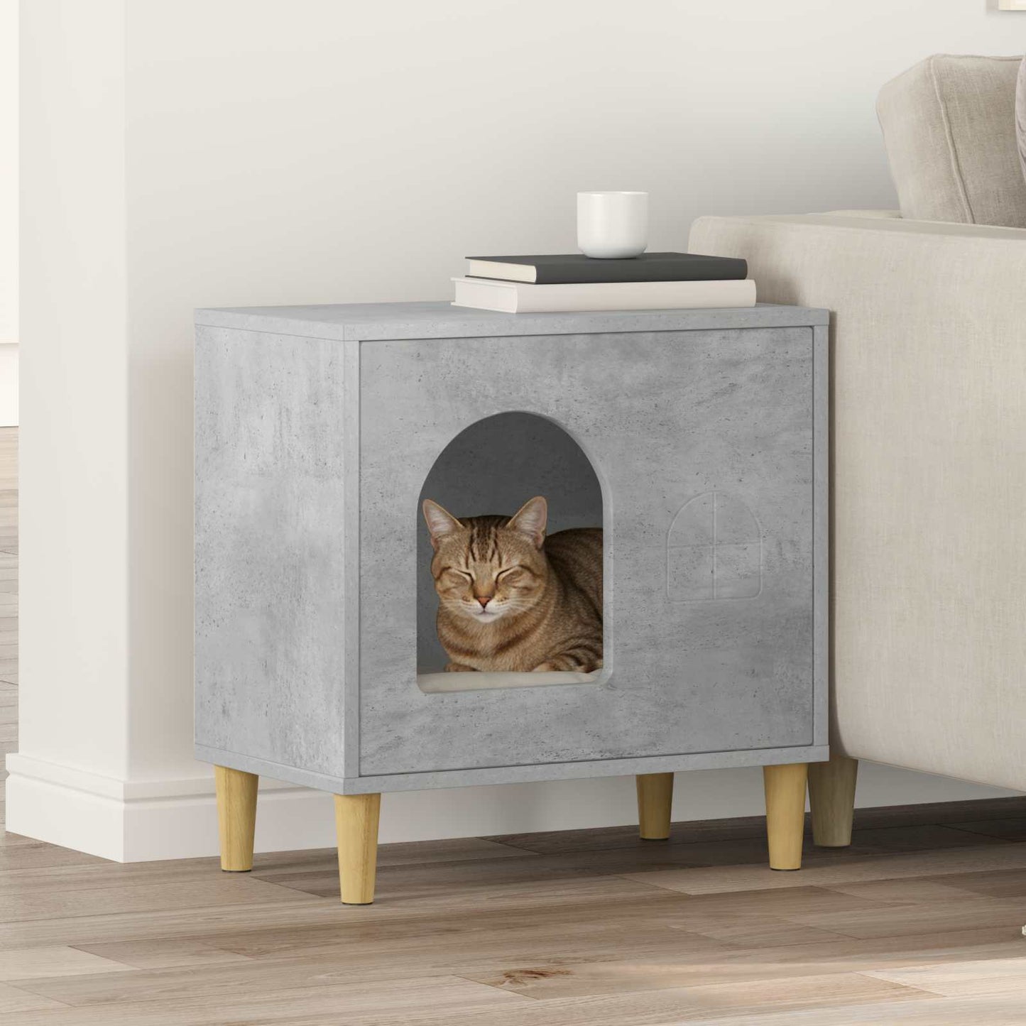Casa Para Gatos Concreto 51 X 30 X 52 Cm Madera De Ingeniería_1