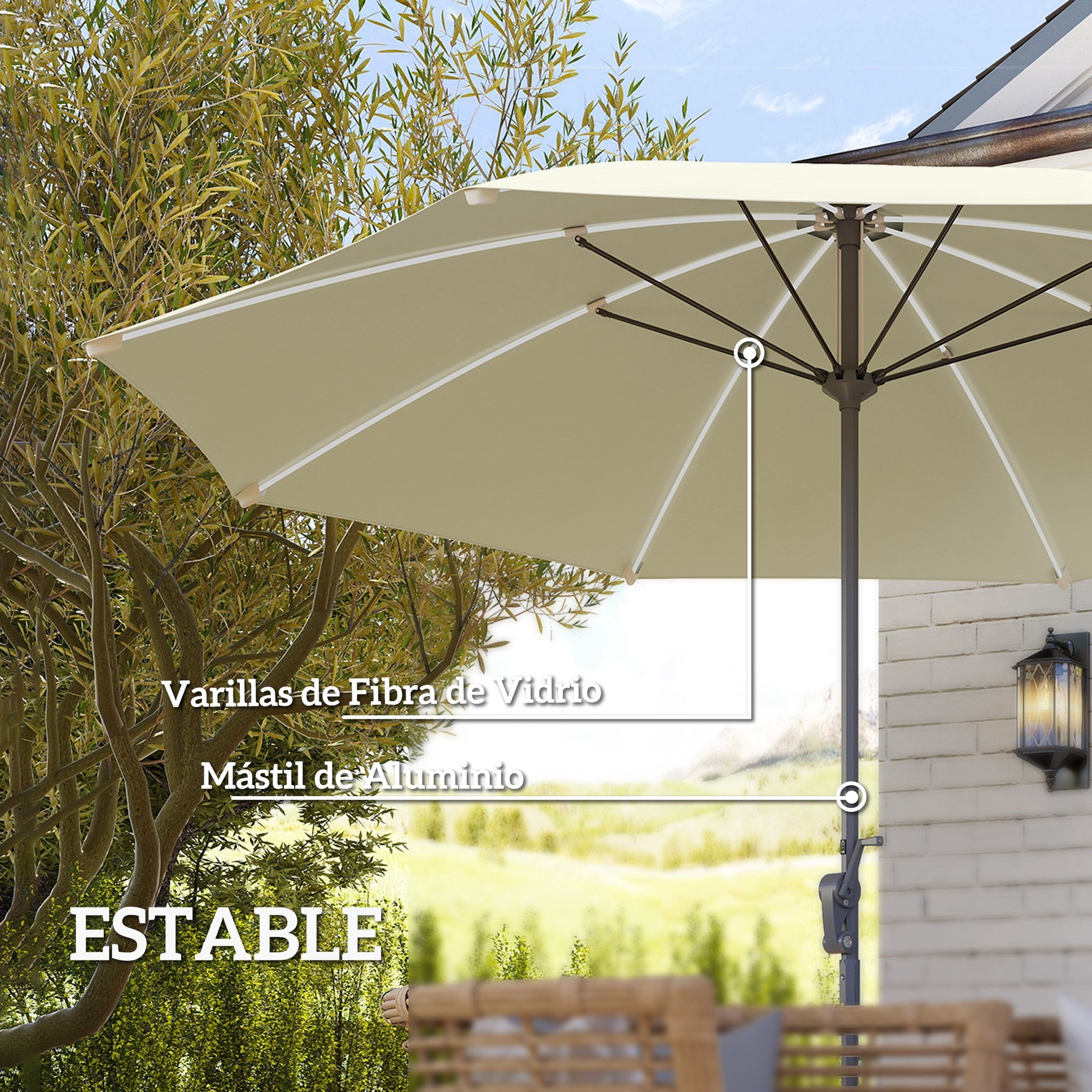 Outsunny Sombrilla Terraza Exterior Con Luces Led Ø300x256 Cm Con Manivela Crema_5