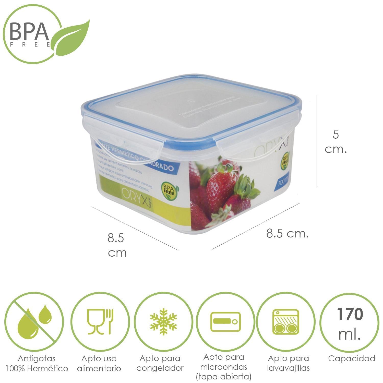 Recipiente Hermetico Plastico Cuadrado 170 Ml.  8.5x8.5x5 (alt.) Cm.