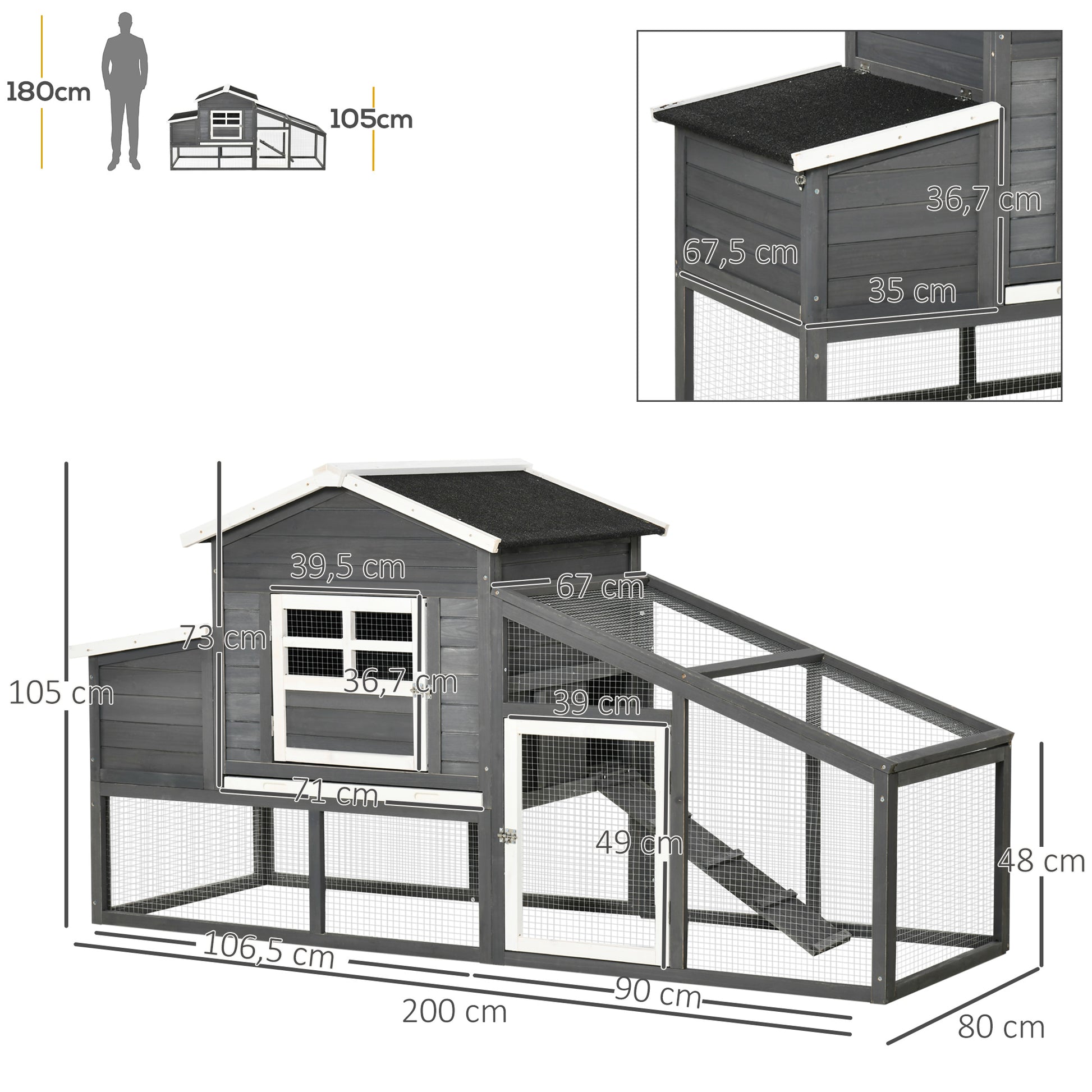 Pawhut Gallinero Madera Exterior Con Corral De Alambre Techos Asfálticos Gris_2