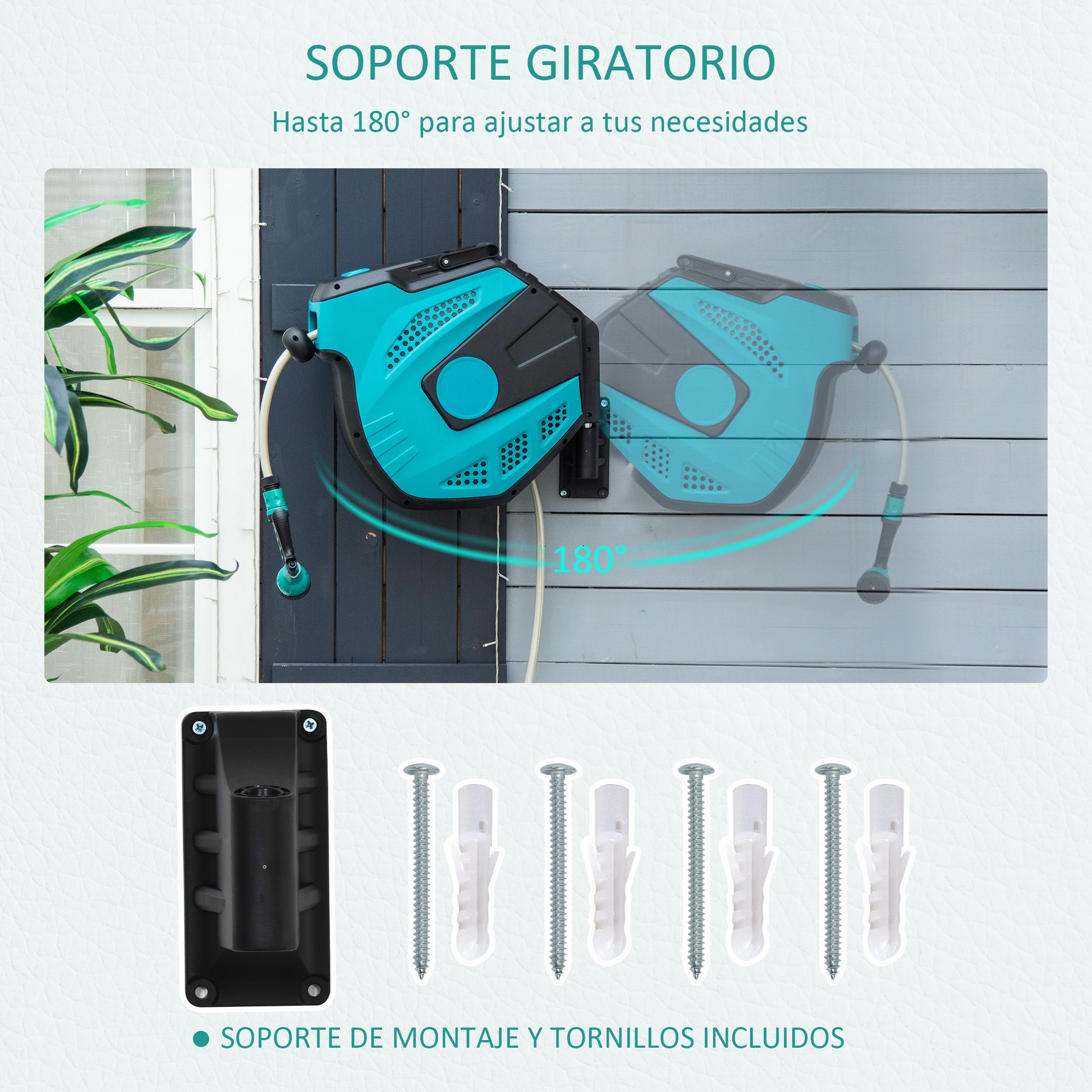 Outsunny Carrete De Manguera Jardín 20m+1,95m Enrollador Automático Con 7 Modos_5