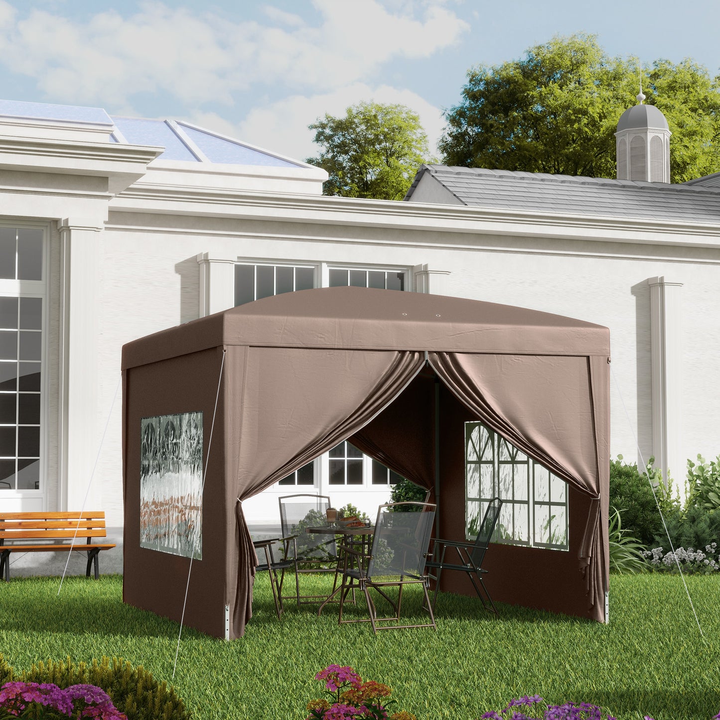 Outsunny Carpa Plegable Pop-up 3x3 M Con 4 Paredes Laterales Anti-uv Café_1