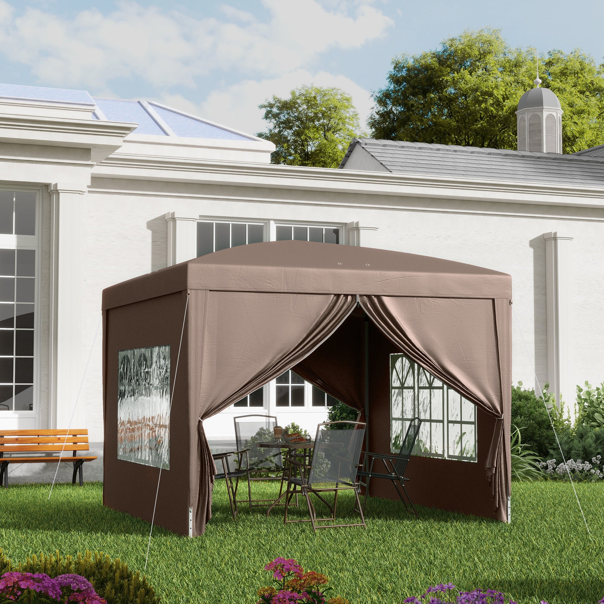 Outsunny Carpa Plegable Pop-up 3x3 M Con 4 Paredes Laterales Anti-uv Café_1