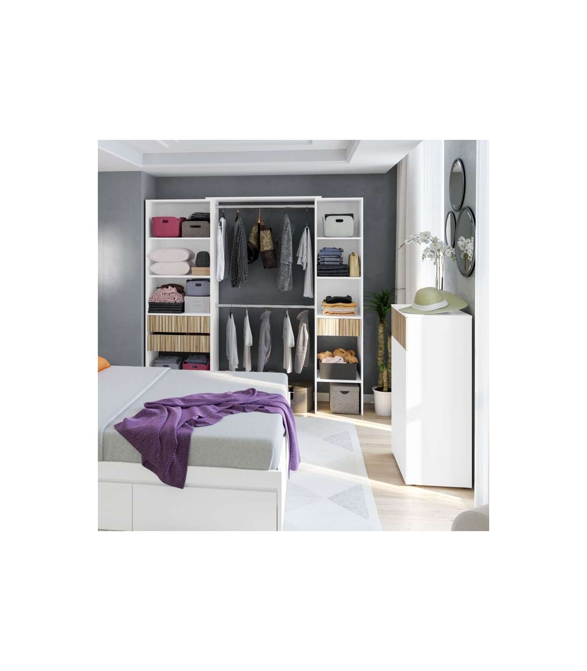 Armario Vestidor Tempo Con 3 Cajones Y 2 Barras De Colgar Color Blanco/natur. 187 Cm Alto_2