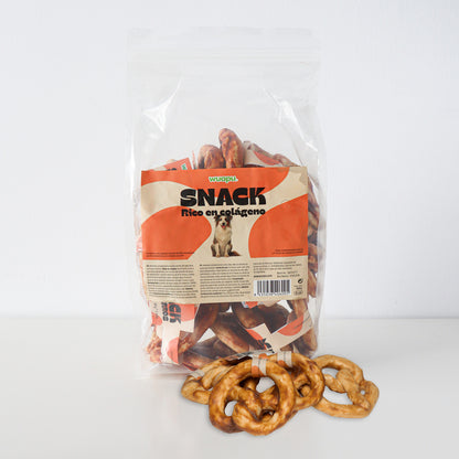 18u Snacks Colágeno Para Perro, De Gelatina De Buey Y Pollo, Bolsa De 18u Pretzels (50gr/u Aprox)