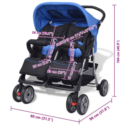 Vidaxl Cochecito Gemelar De Acero Azul Y Negro_2