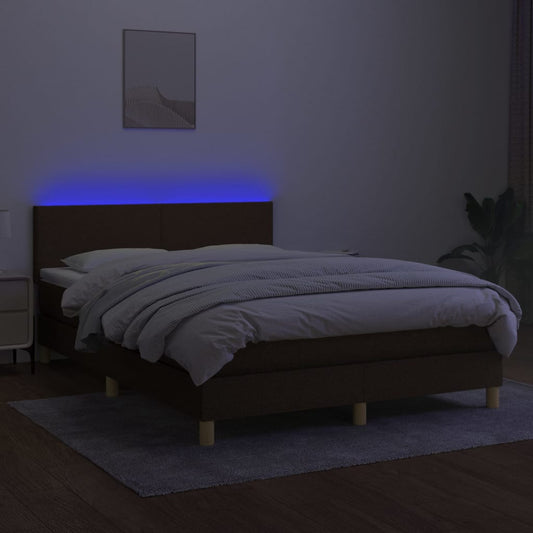 Cama Box Spring Con Colchón Led Tela Marrón Oscuro 140x200 Cm / Vetonek_0