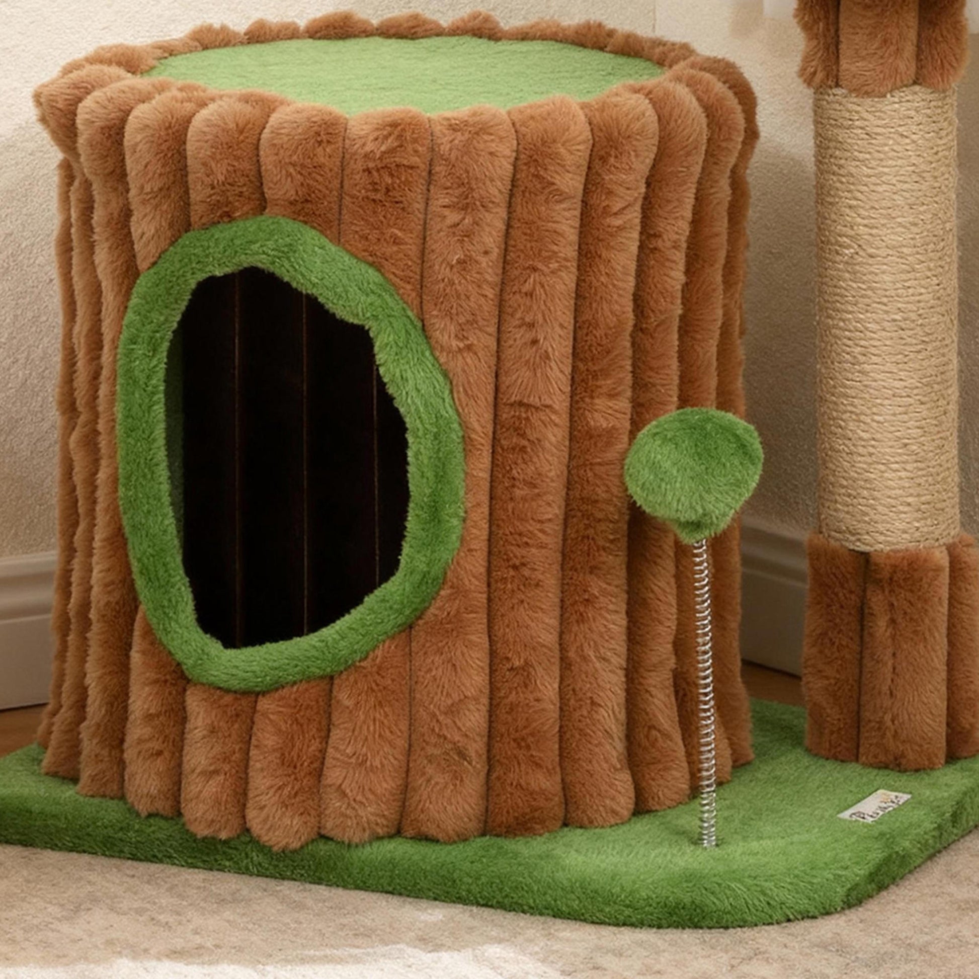 Pawhut Árbol Rascador Para Gatos 53 Cm Casita Cama Poste Bolas Marrón Y Verde_4