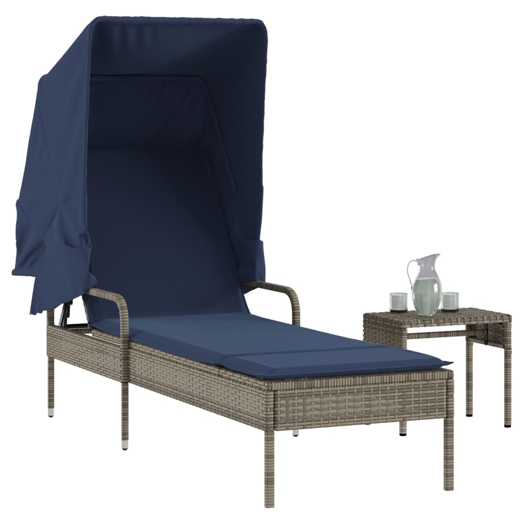 Tumbona Con Toldo Y Mesa, De Poliratán Gris_1