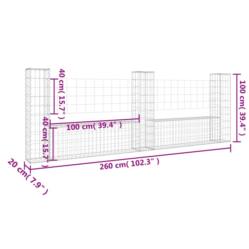Cesta De Gaviones Forma De U 3 Postes De Hierro 260x20x100 Cm / Vetonek_5