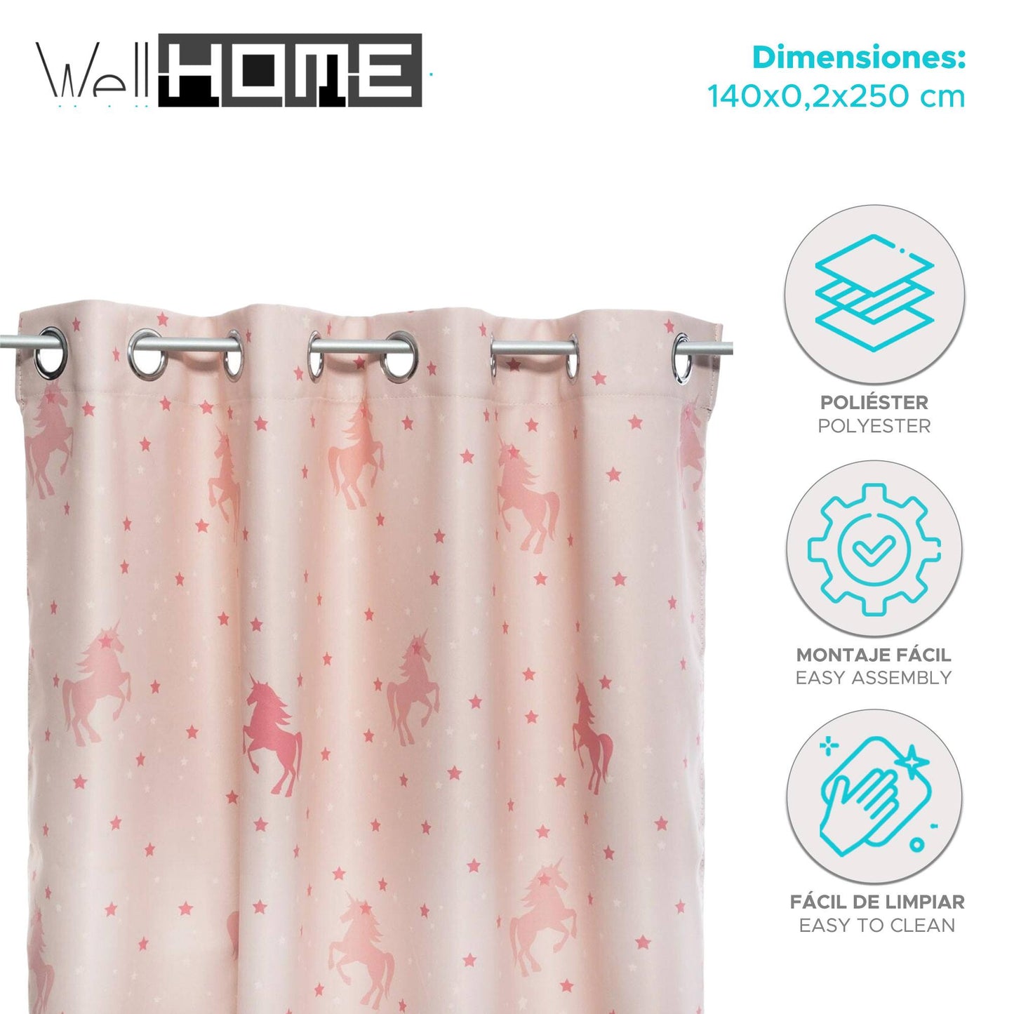 Well Home - Cortina Opaca Infantil unicornio Rosa 140x250cm