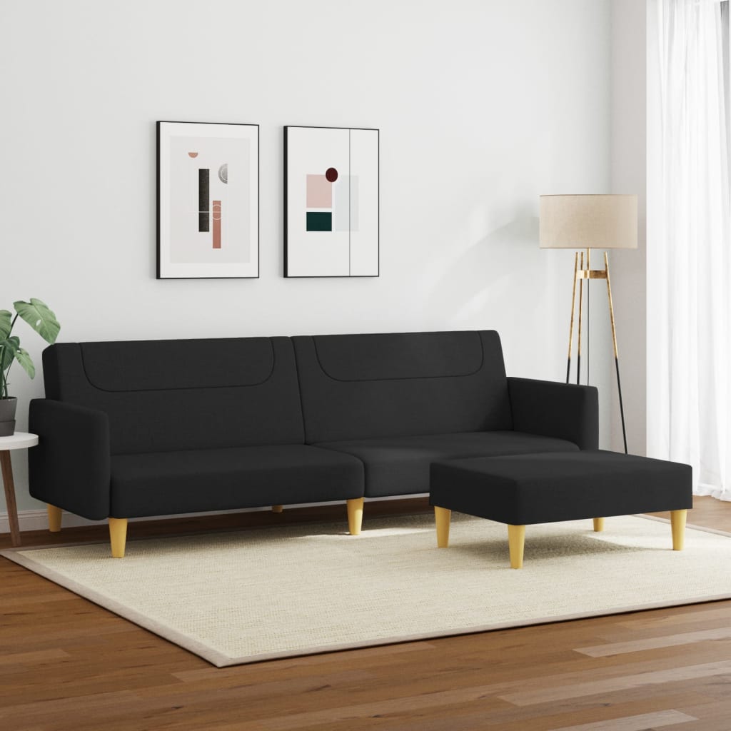Sofá Cama De 2 Plazas Con Taburete Tela Negro / Vetonek_4