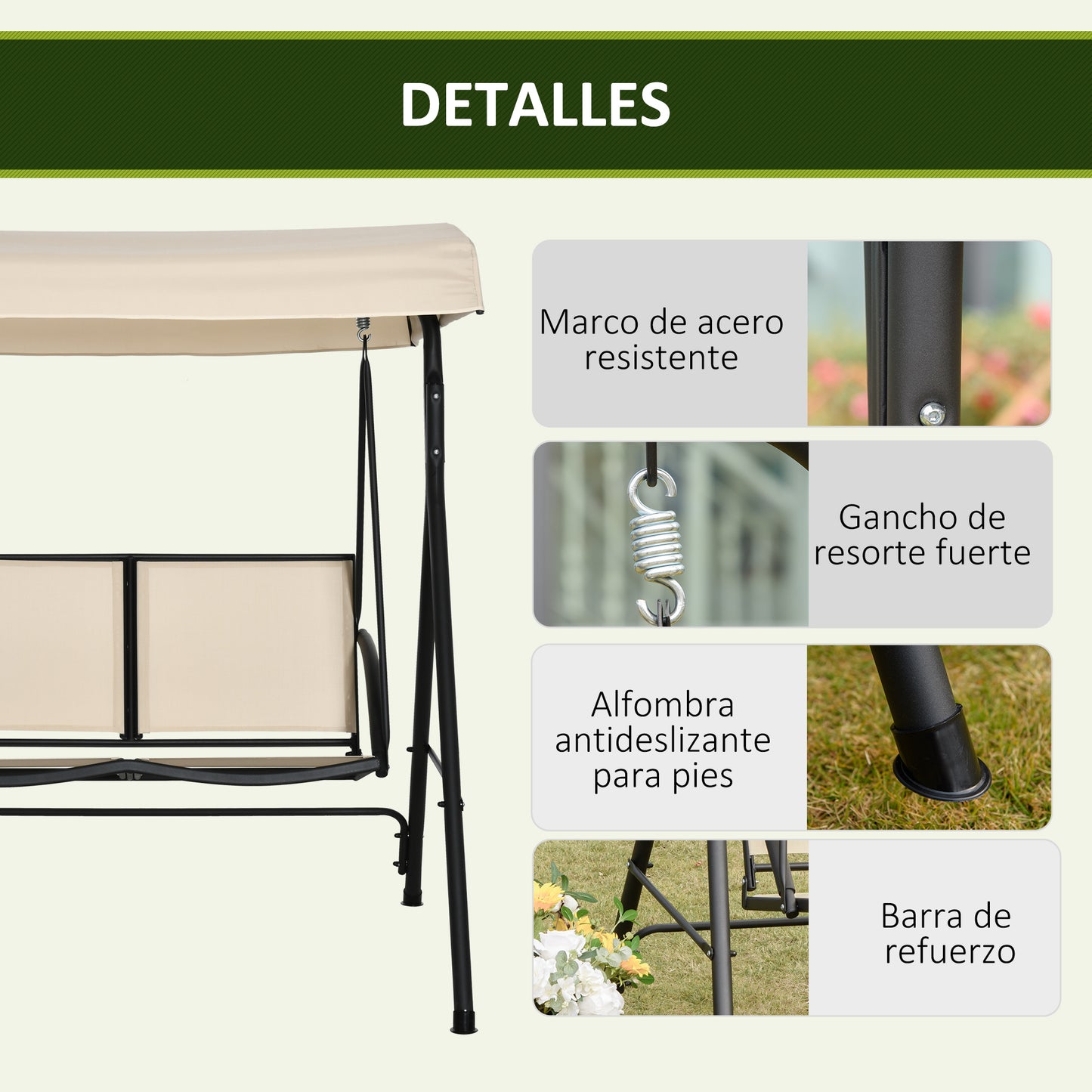 Outsunny Columpio De Jardín De 2 Plazas Techo Ajustable Asientos Textilene Beige_5