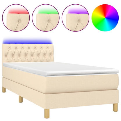 Cama Box Spring Con Colchón Y Led Tela Crema 90x190 Cm / Vetonek_0
