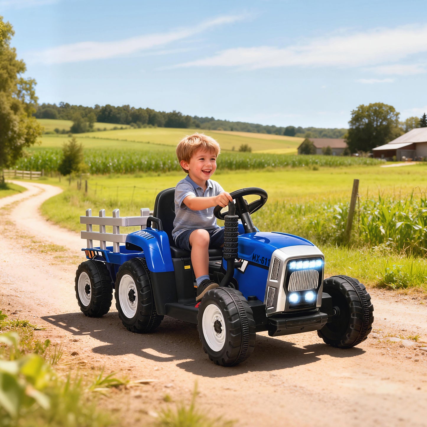 Homcom Tractor Eléctrico Con Remolque Para Niños 3-6 Años 136,5x50x52,5 Cm Azul_1
