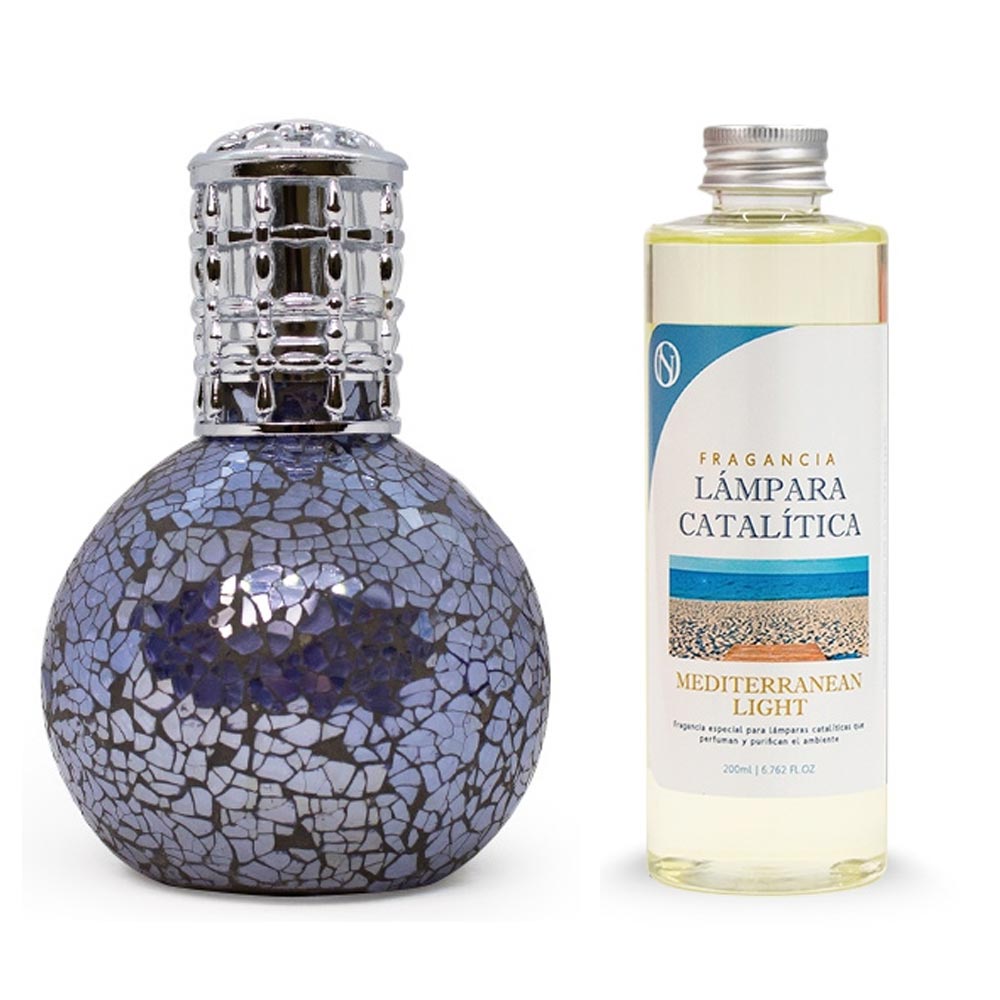Lámpara Catalítica Mosaico Azul Océano + Fragancia Aroma Mediterranean Light 500ml - Elimina Malos Olores, Perfuma_0