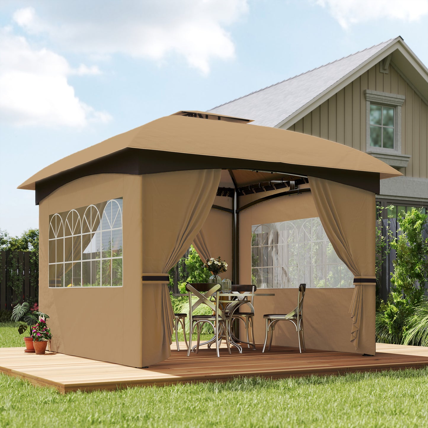 Outsunny Cenador Para Jardín 3,4x3,4 M Con Paredes Laterales Anti-uv Beige_1