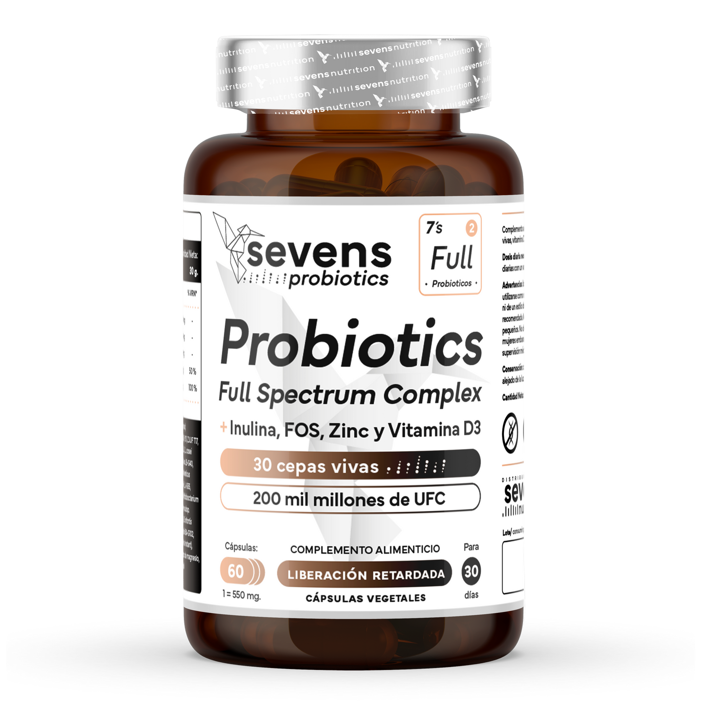 Probiótico Full Spectrum Complex + Inulina, Fos, Zinc Y Vitamina D3. Sevens Nutrition. Salud Digestiva Y Sistema Inmune