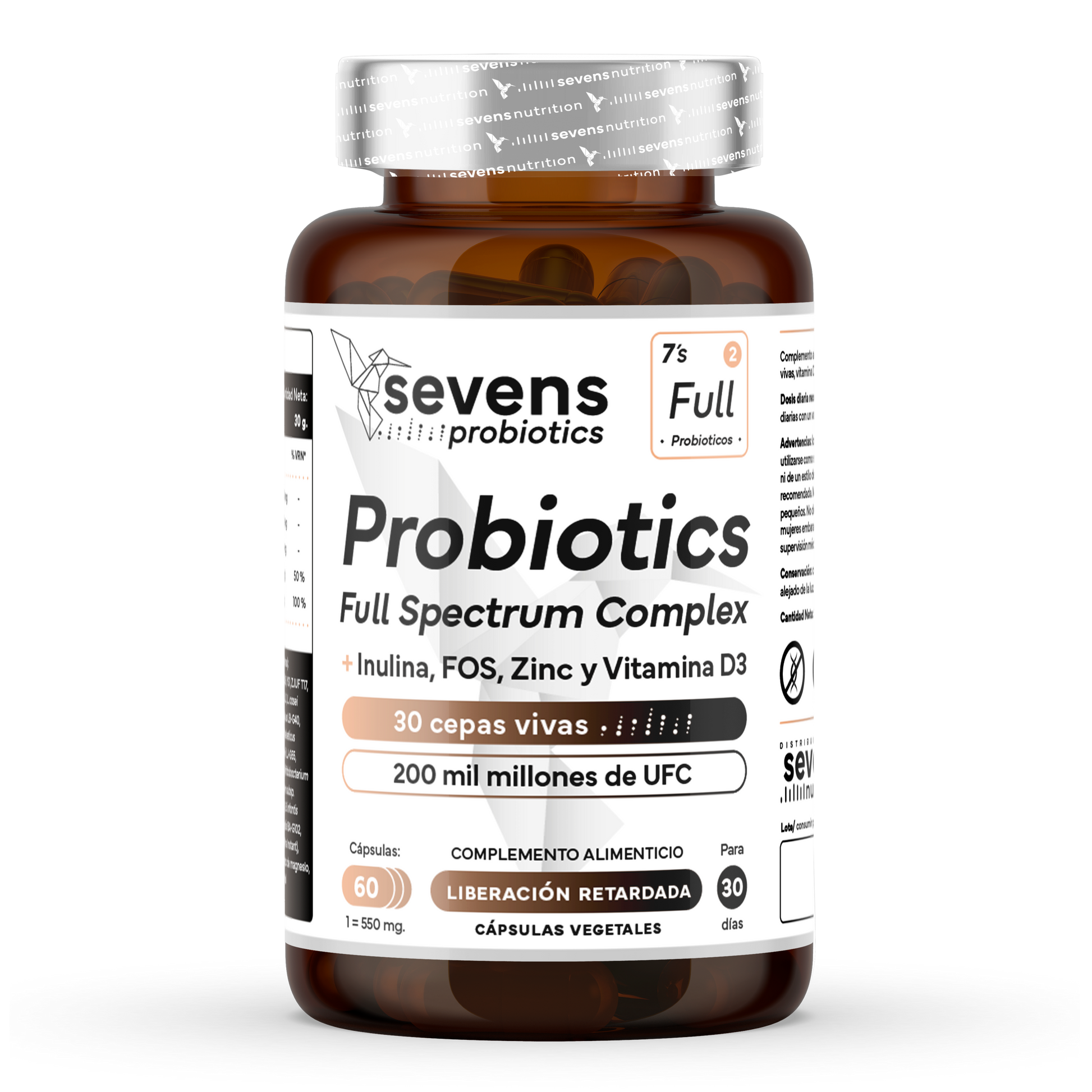 Probiótico Full Spectrum Complex + Inulina, Fos, Zinc Y Vitamina D3. Sevens Nutrition. Salud Digestiva Y Sistema Inmune