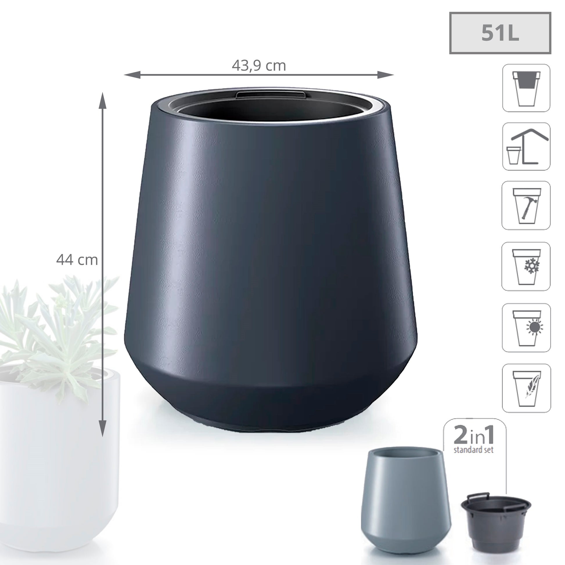 Maceta Heos 51l., Con Depósito, Dimensiones (mm) 439x439x440, Color Antracita