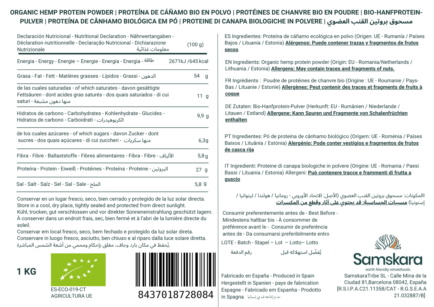 Proteína De Cáñamo Bio - 500g | Proteína Vegetal Ecológica Vegana Para Batidos Y Repostería, Sin Azúcares Añadidos_1