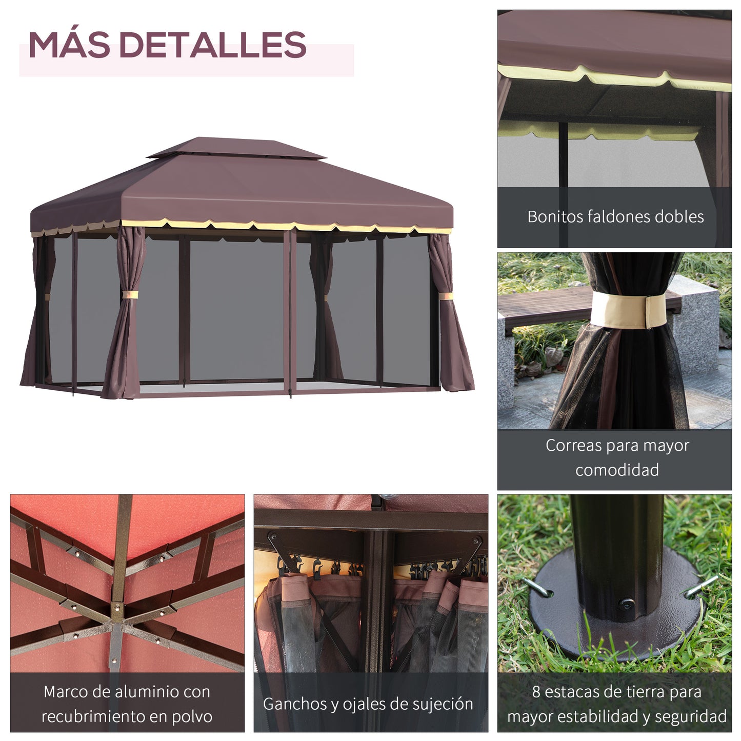 Outsunny Cenador De Jardín 4x3 M Con Doble Techo 4 Cortinas 4 Mosquiteras Café_4