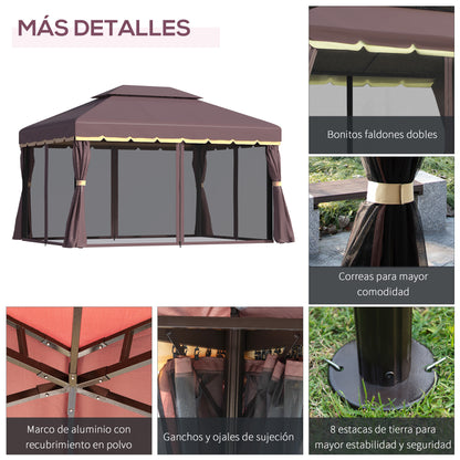 Outsunny Cenador De Jardín 4x3 M Con Doble Techo 4 Cortinas 4 Mosquiteras Café_4