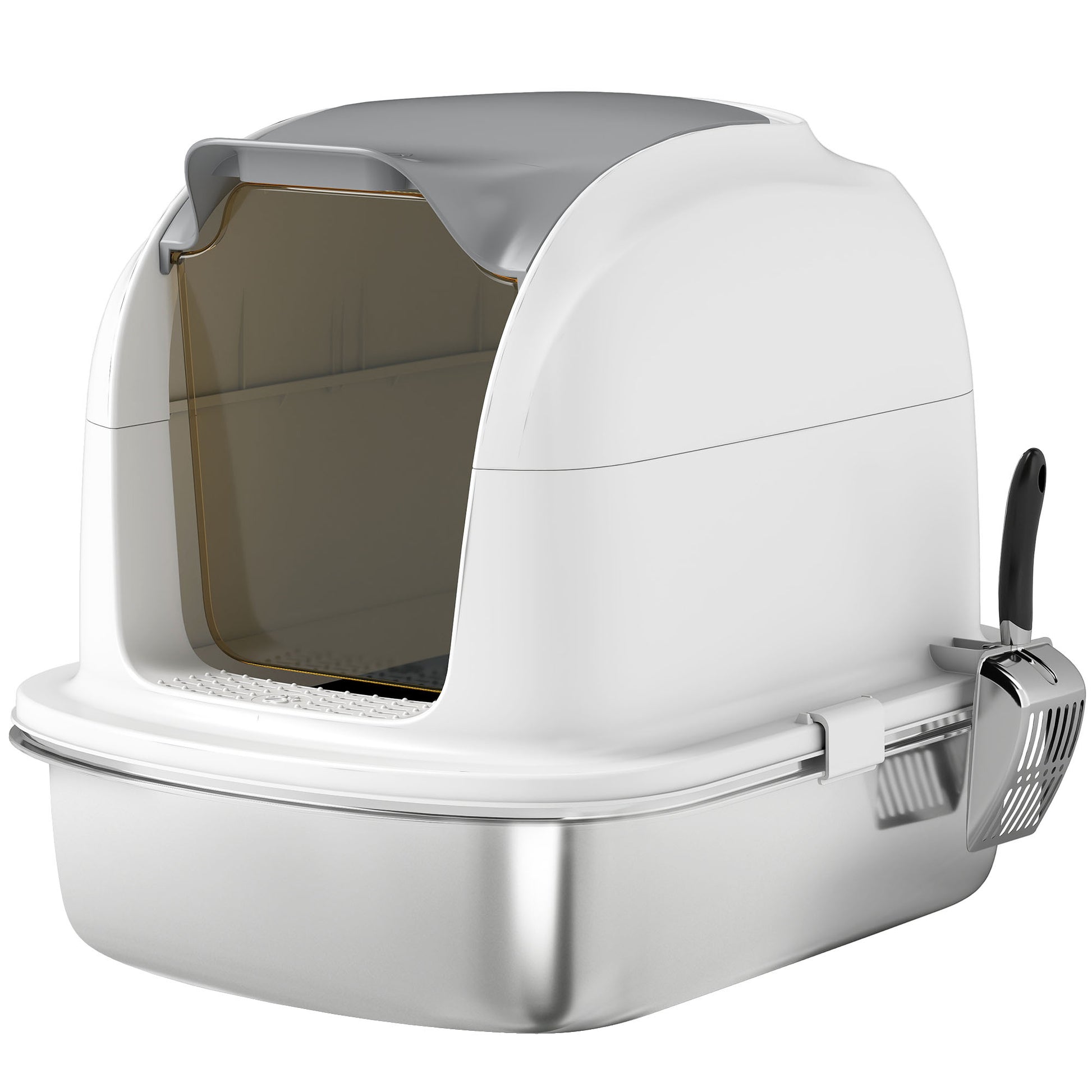Pawhut Arenero Para Gatos De Acero Inoxidable Xl Con Tapa Abatible Pala Blanco_0