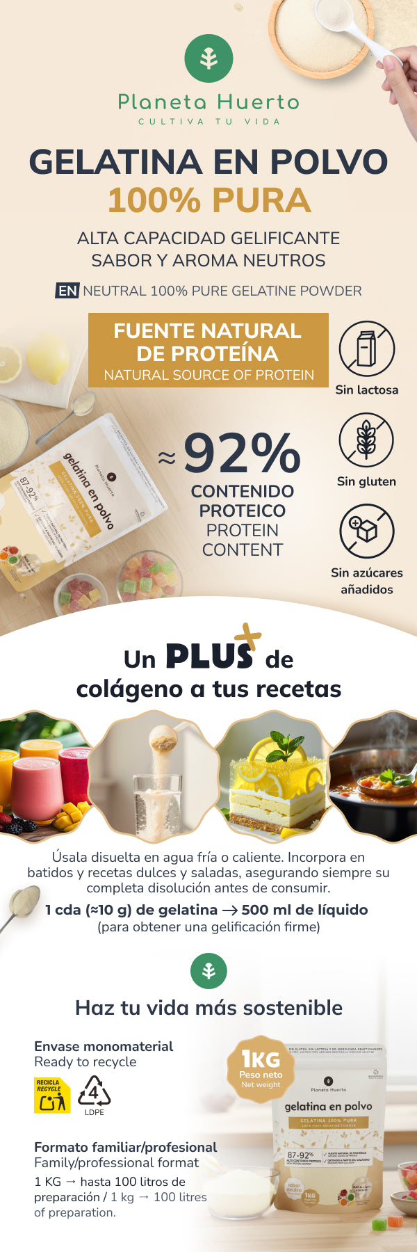 Gelatina neutra en polvo fuente de colágeno Planeta Huerto 1 Kg